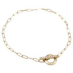 14K Yellow Gold Natural Diamond Paper Clip Chain Link Circle Toggle Bracelet