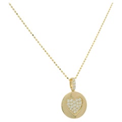 14K Yellow Gold Natural Diamond Pavé Heart Disc Pendant Beaded Necklace In Stock