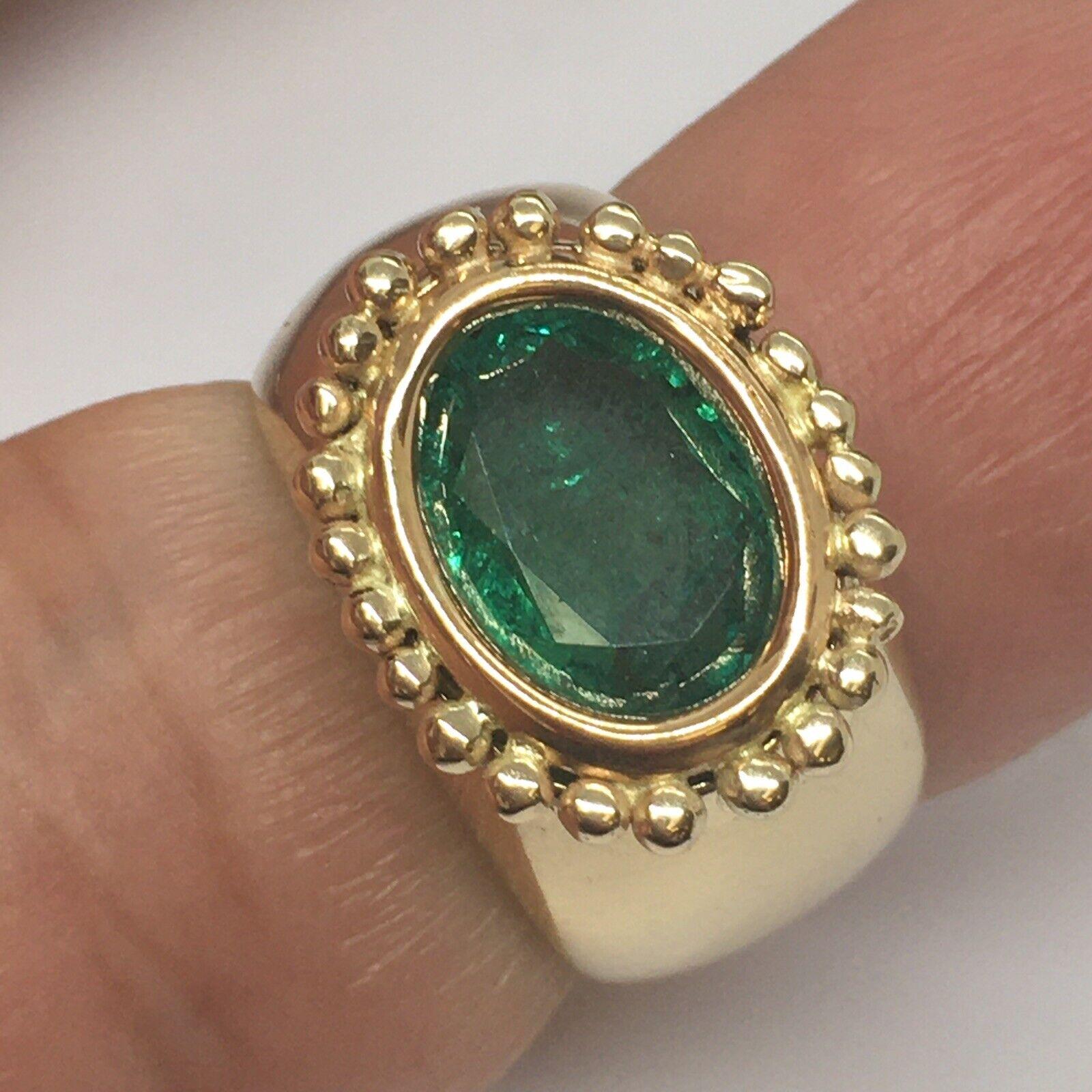 Classical Greek 14K Yellow Gold Natural Earth Mined Emerald Halo Granulation Lady's Ring Sz 6 For Sale