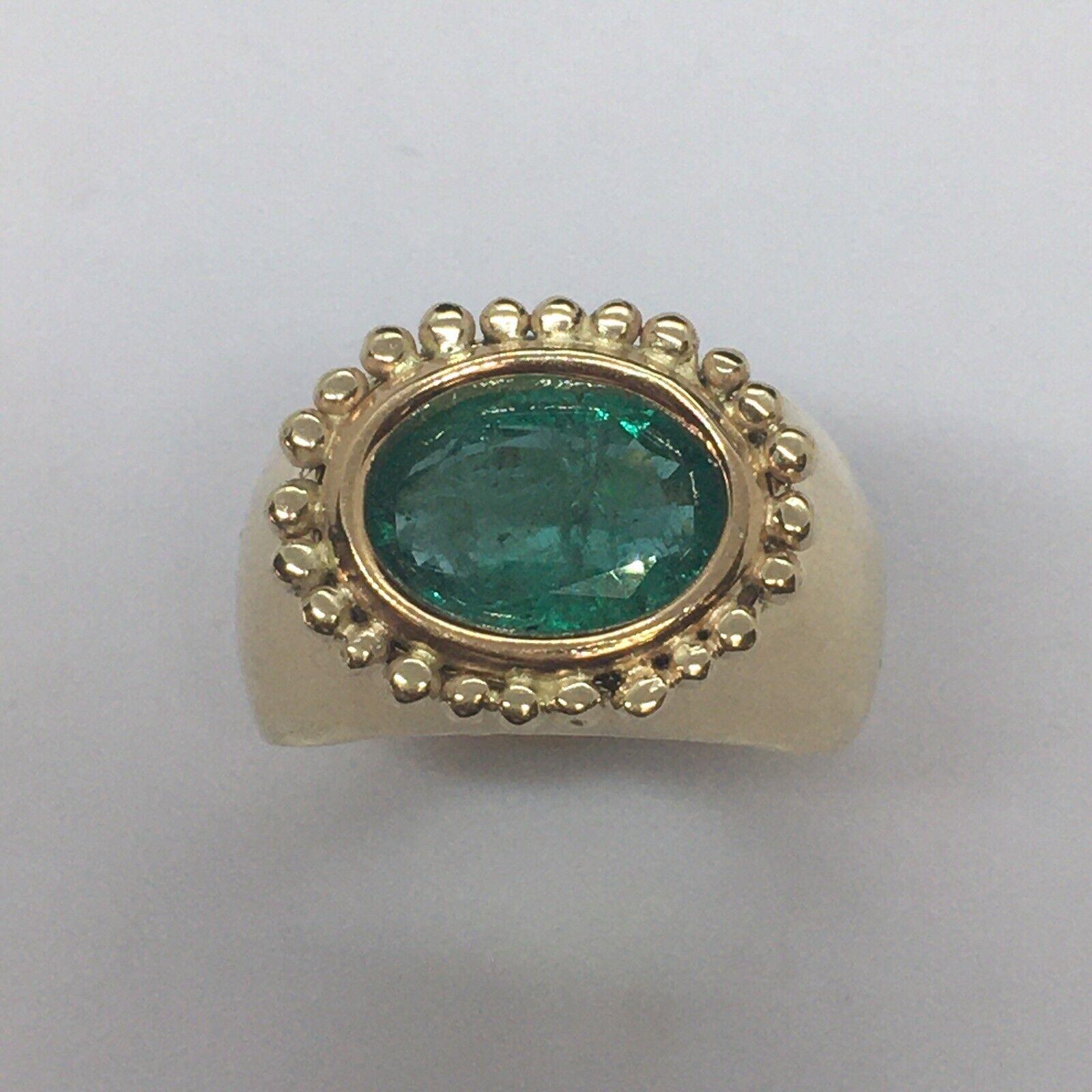 14K Yellow Gold Natural Earth Mined Emerald Halo Granulation Lady's Ring Sz 6 In New Condition For Sale In Santa Monica, CA