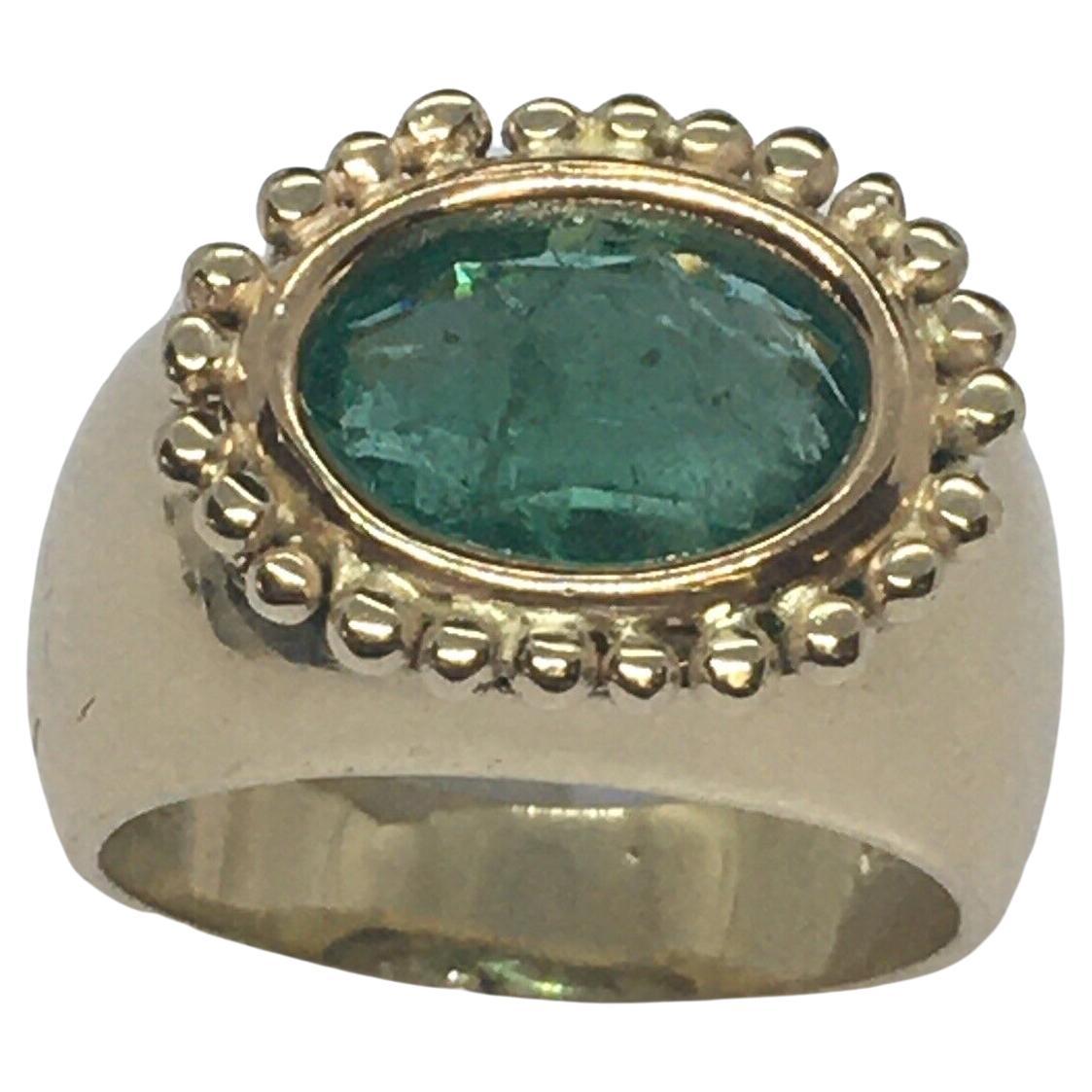 14K Yellow Gold Natural Earth Mined Emerald Halo Granulation Lady's Ring Sz 6