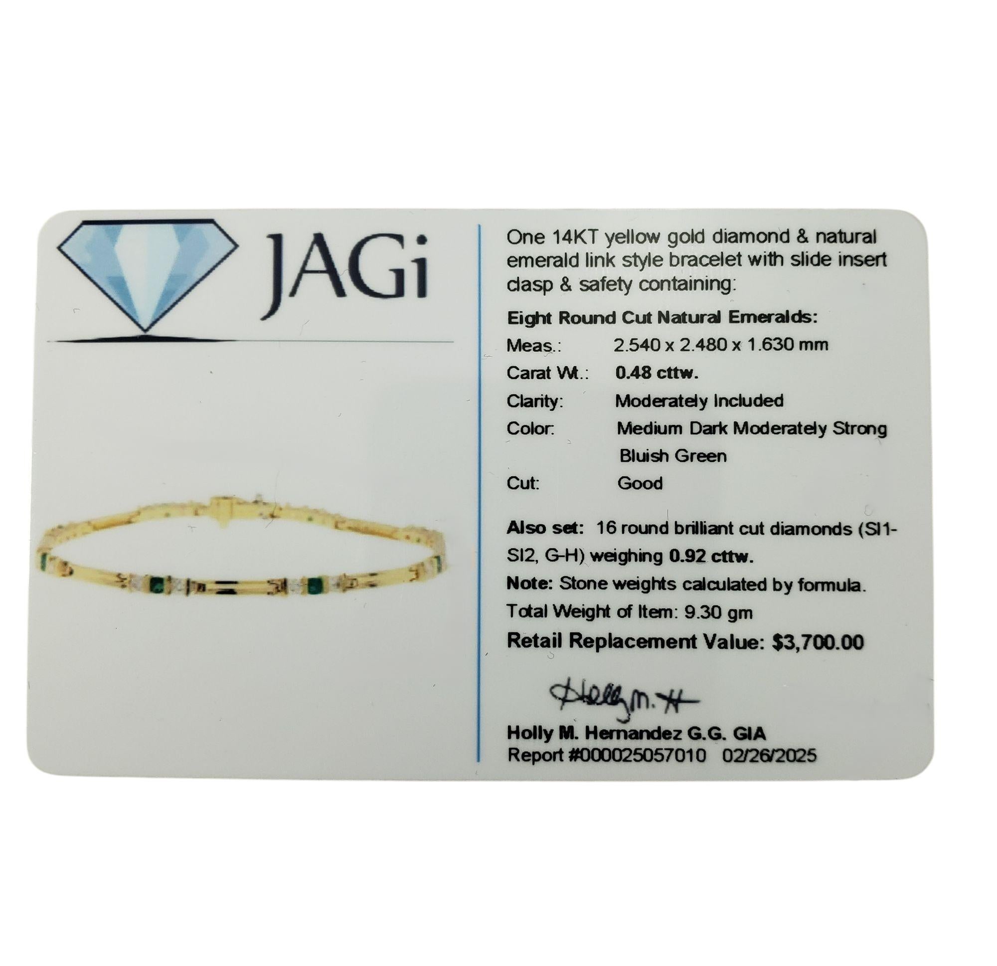 14K Yellow Gold Natural Emerald and Diamond Link Bracelet  #21216 For Sale 4