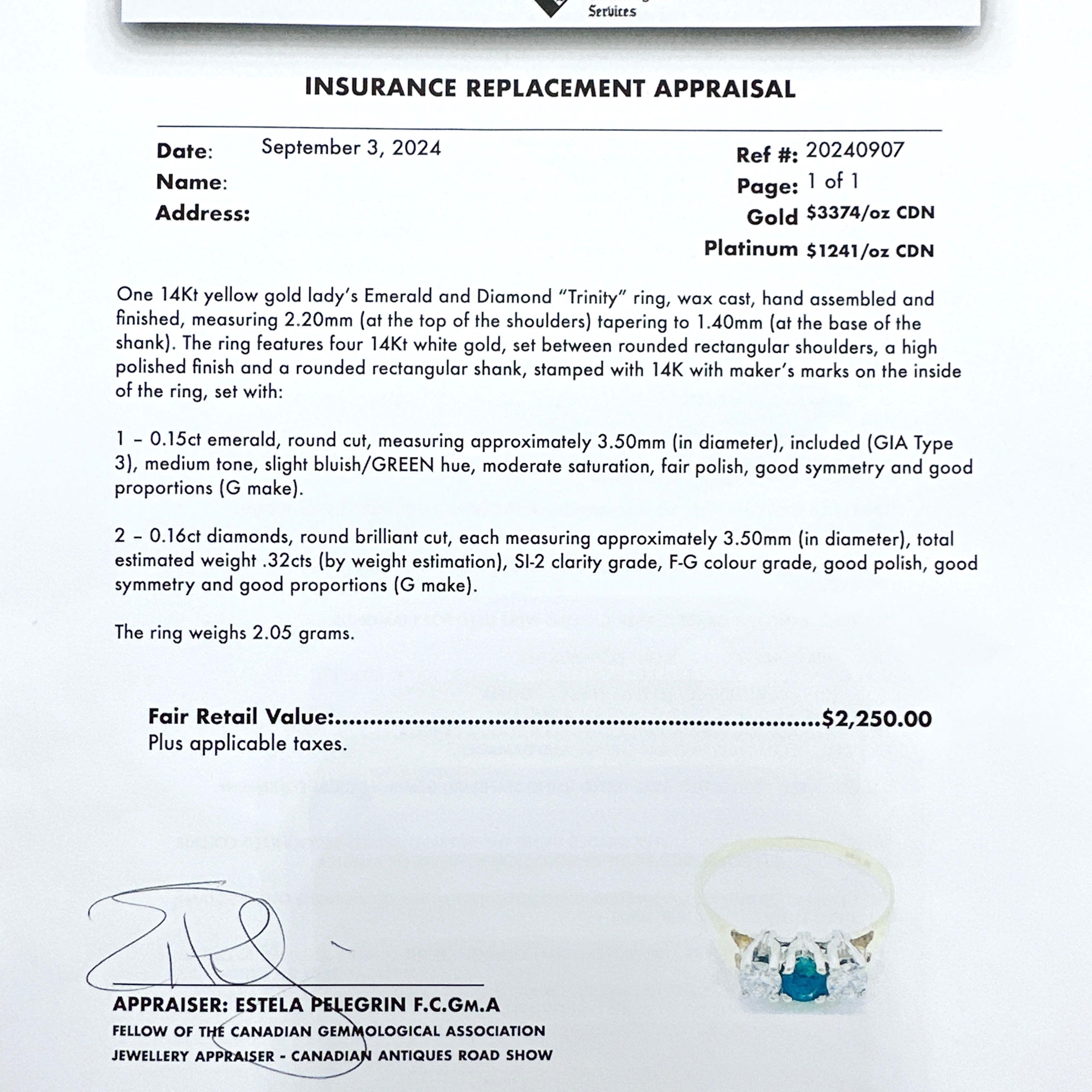 Here is a lovely 14k Yellow Gold Natural Emerald and Diamond Trinity Ring.

This 14K yellow gold “Trinity” ring features a stunning combination of emerald and diamonds. This elegant piece is perfect for those who appreciate classic beauty with a