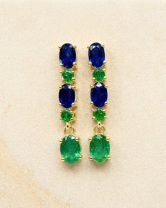 14K Yellow Gold Natural Emerald and Sapphire Drop Earrings Luxury Gold Earrings