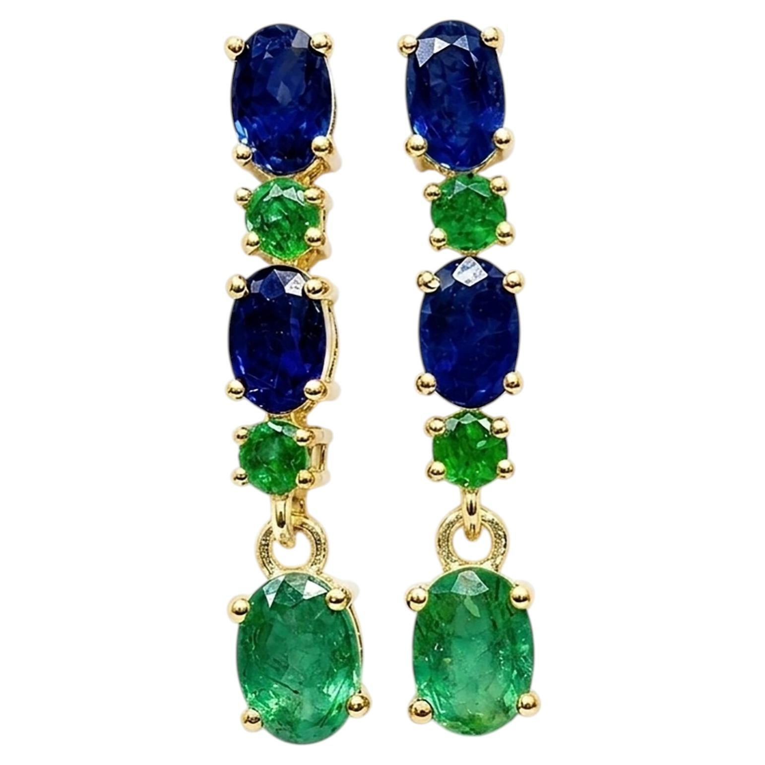 14K Yellow Gold Natural Emerald and Sapphire Drop Earrings Luxury Gold Earrings