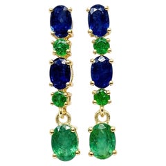 14K Yellow Gold Natural Emerald and Sapphire Drop Earrings Luxury Gold Earrings