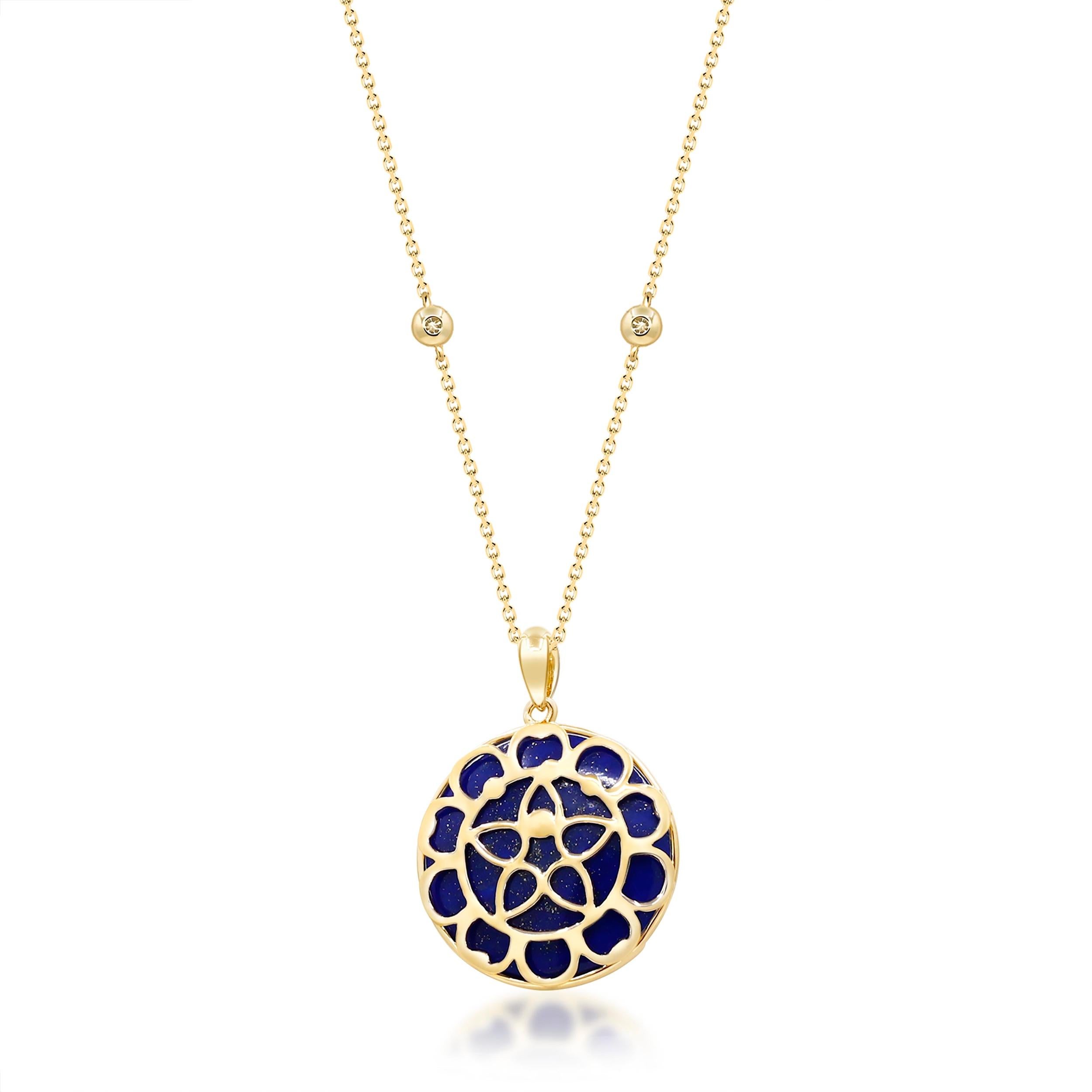 Decorate yourself in elegance with this Pendant is crafted from 14-karat Yellow Gold by Gin & Grace. This Pendant is made up of 2.0 Round-cut Emerald (8 pcs) 0.33 carat, 10.0 Round-cut Lapis (1 pcs) 10.02 carat and round-cut White Diamond (29 Pcs)