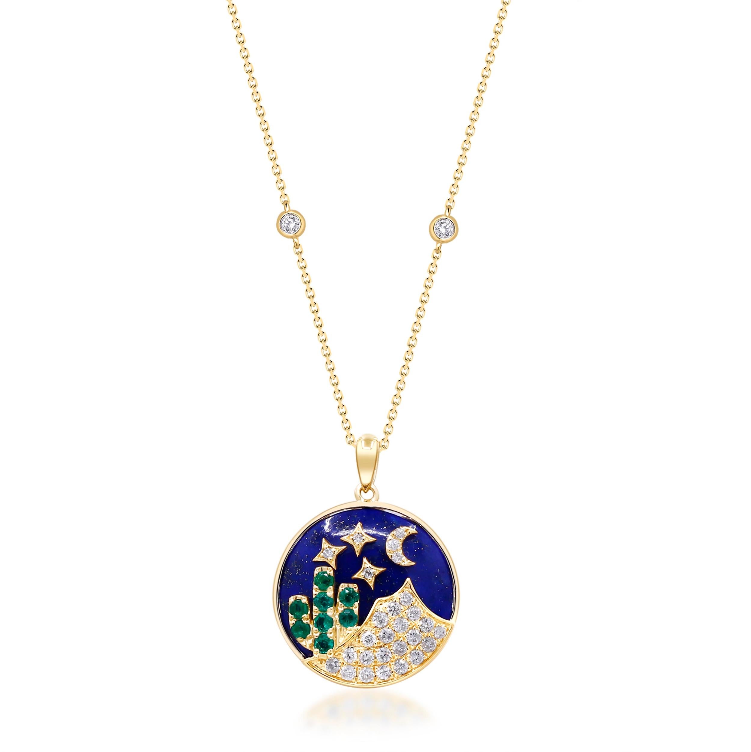 Art Deco 14K Yellow Gold Natural Emerald & Lapis Pendant with Diamonds for women For Sale