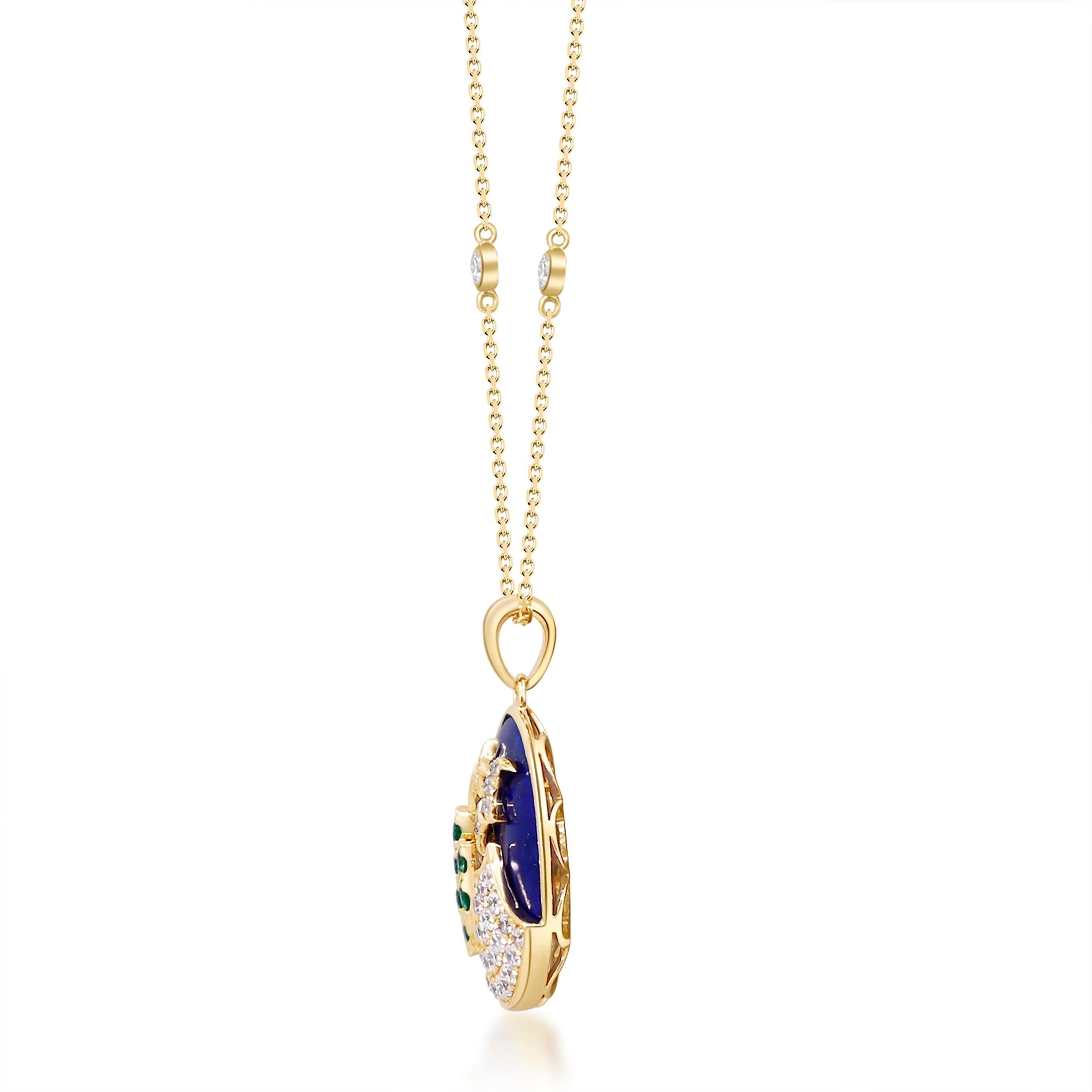Round Cut 14K Yellow Gold Natural Emerald & Lapis Pendant with Diamonds for women For Sale
