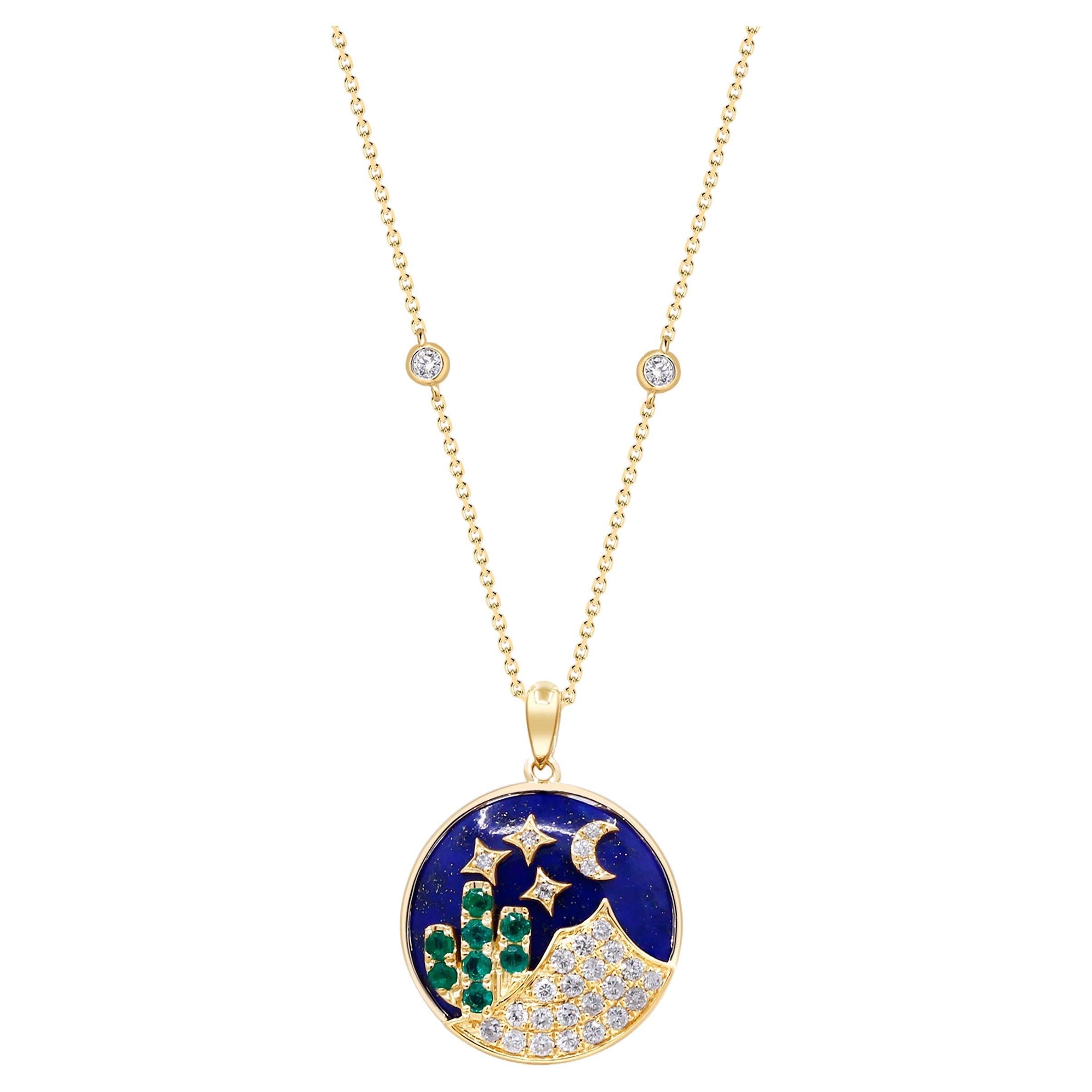 Pendentif pour femmes en or jaune 14 carats, émeraude naturelle et lapis avec diamants