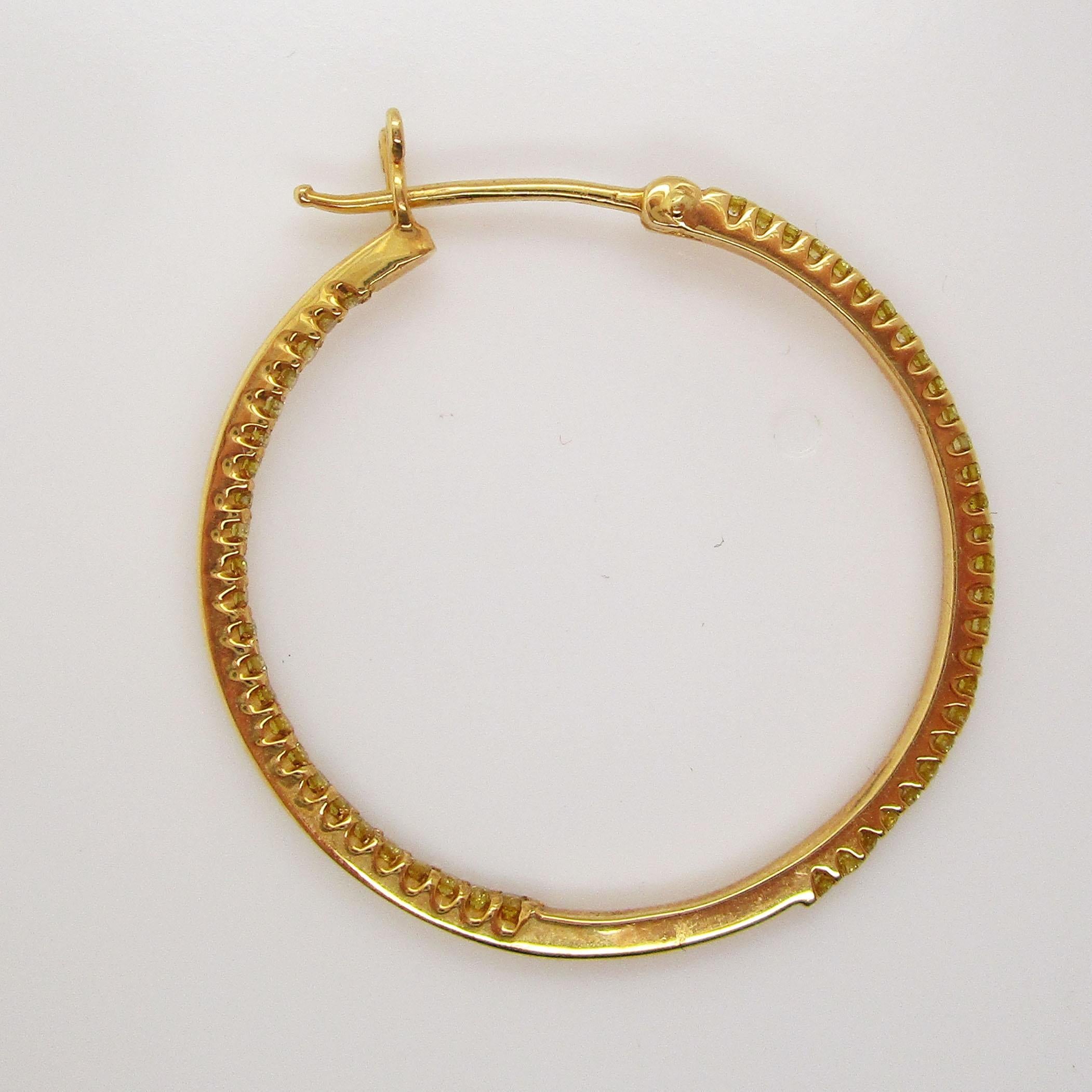 Contemporary 14K Yellow Gold Natural Fancy Yellow Diamond Large Inside Outside Hoop Earrings