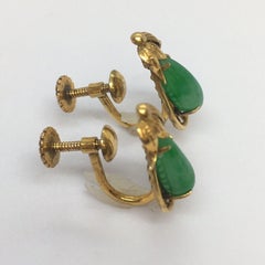 14K Yellow Gold Natural Green Jade Non Pierced Earrings 1930s Handmade American
