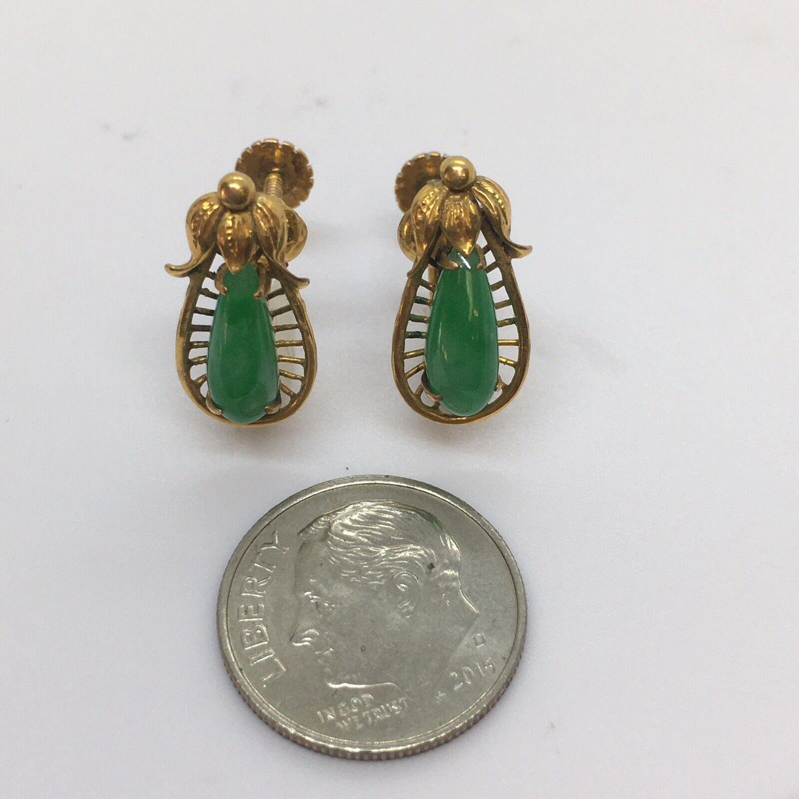 Cabochon 14K Yellow Gold Natural Green Jade Non Pierced Earrings 1930s Handmade American For Sale