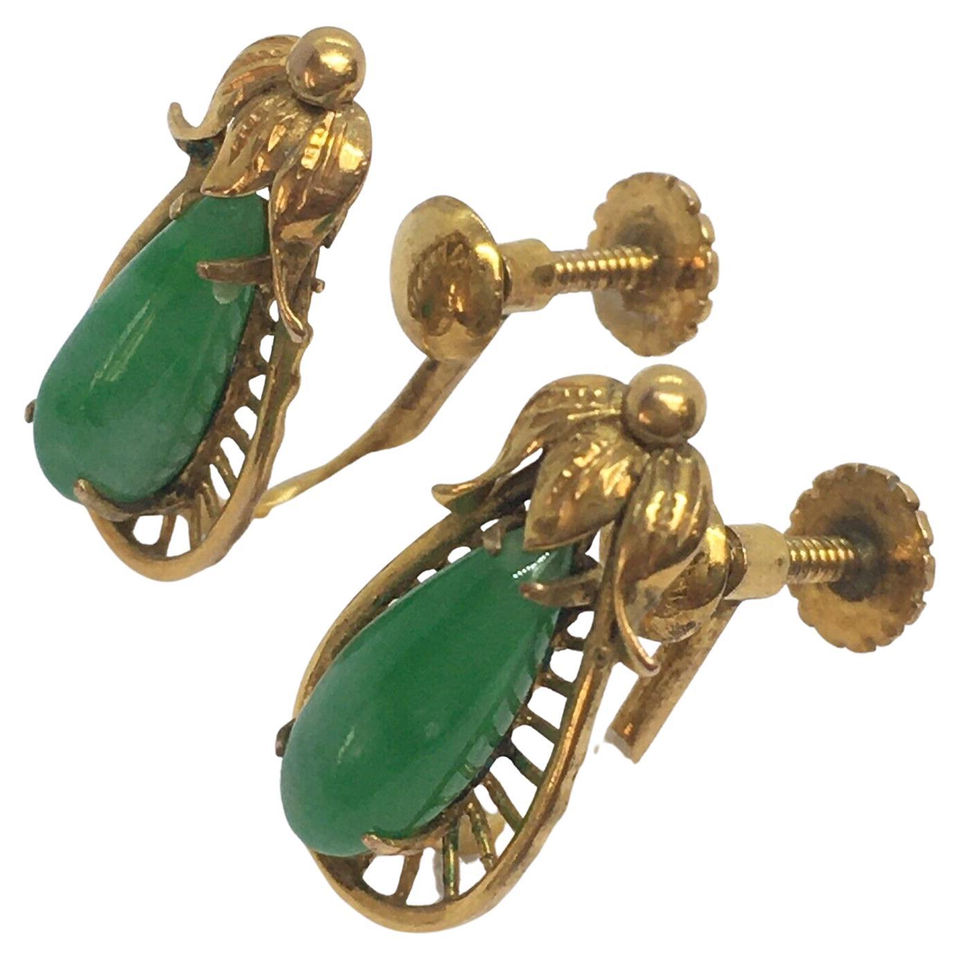 14K Yellow Gold Natural Green Jade Non Pierced Earrings 1930s Handmade American For Sale