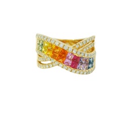 14K Yellow Gold Natural Multi Colored Sapphire Crossover Fashion Ring