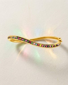 14K Yellow Gold Natural Multi Tourmaline Wavy Bangle Luxury Gold Bangle Size 2.4
