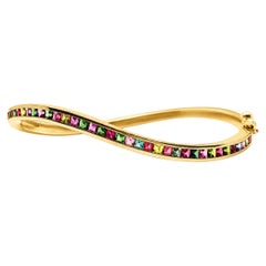 14K Yellow Gold Natural Multi Tourmaline Wavy Bangle Luxury Gold Bangle Size 2.4