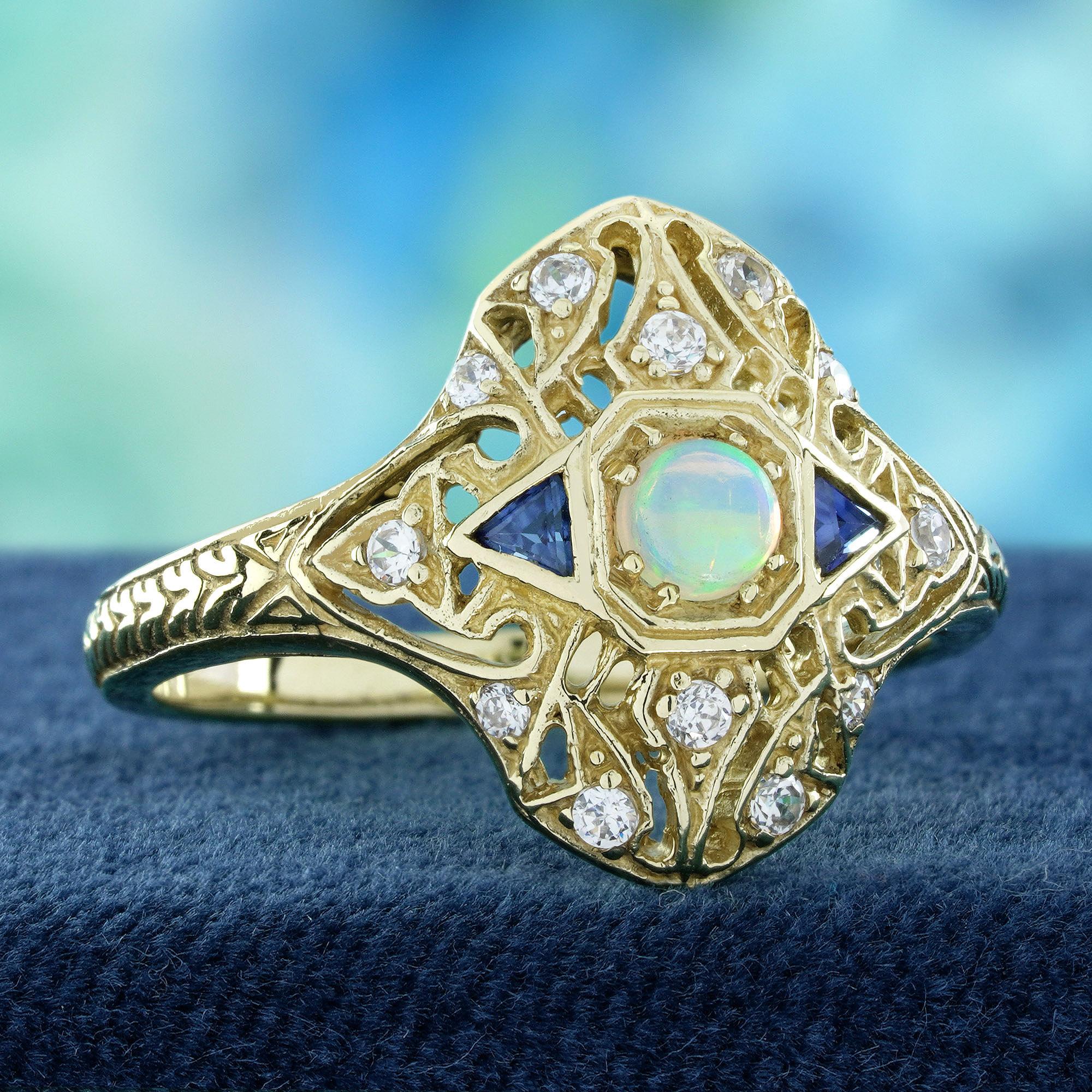 Edoardiano Anello in oro giallo 14K in stile vintage con zaffiro blu opale naturale e diamanti in vendita