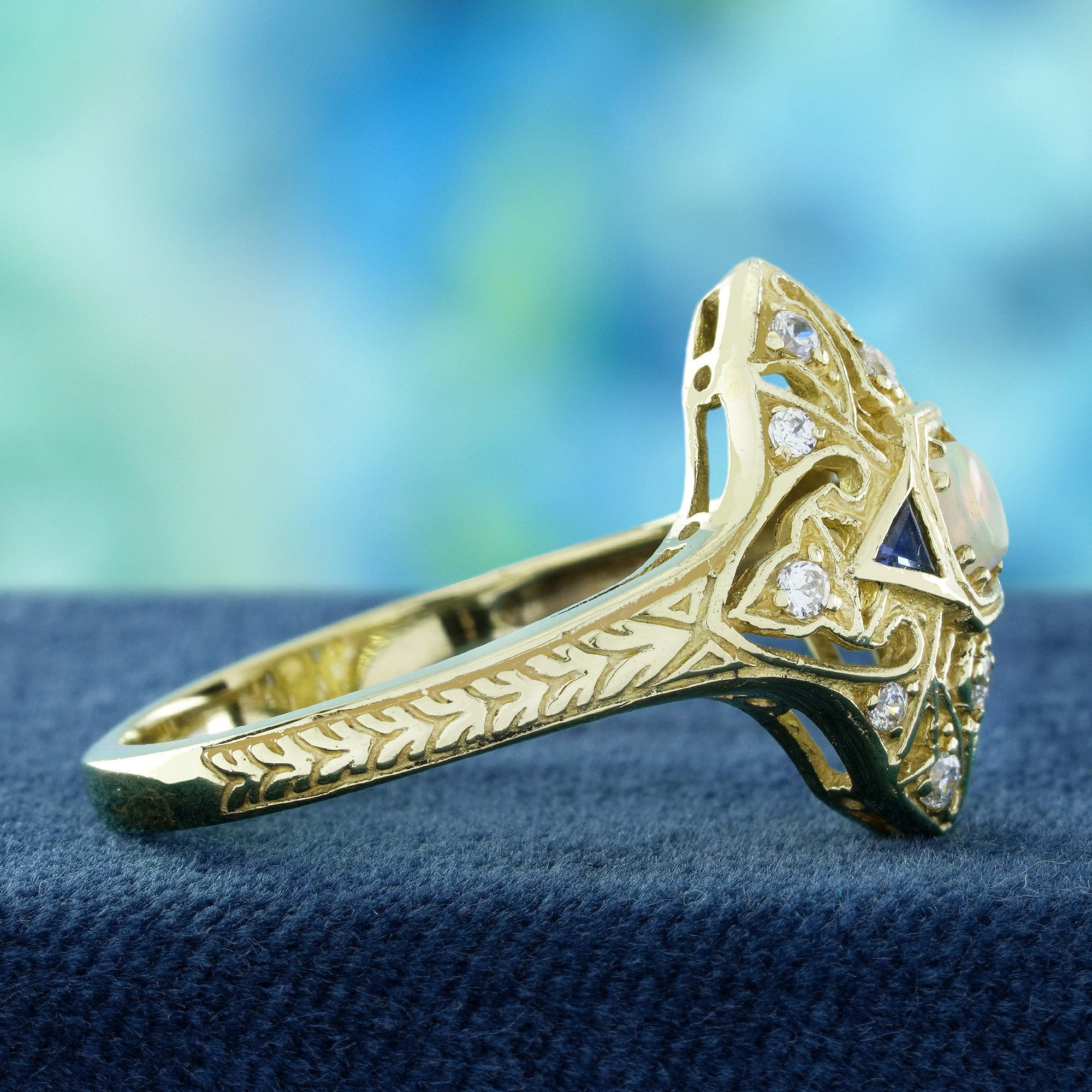Taglio rotondo Anello in oro giallo 14K in stile vintage con zaffiro blu opale naturale e diamanti in vendita