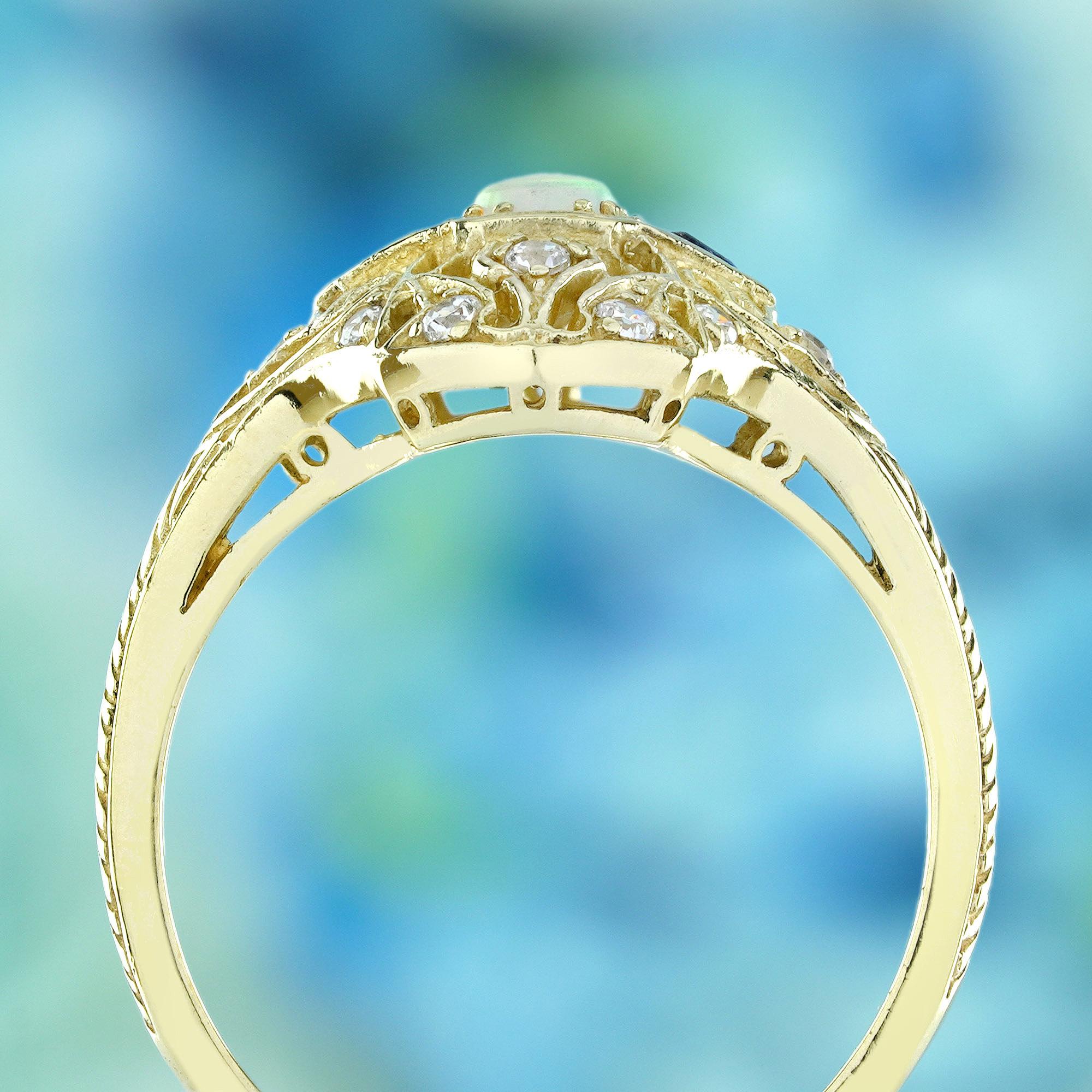 Anello in oro giallo 14K in stile vintage con zaffiro blu opale naturale e diamanti In condizioni Nuovo in vendita a Bangkok, TH