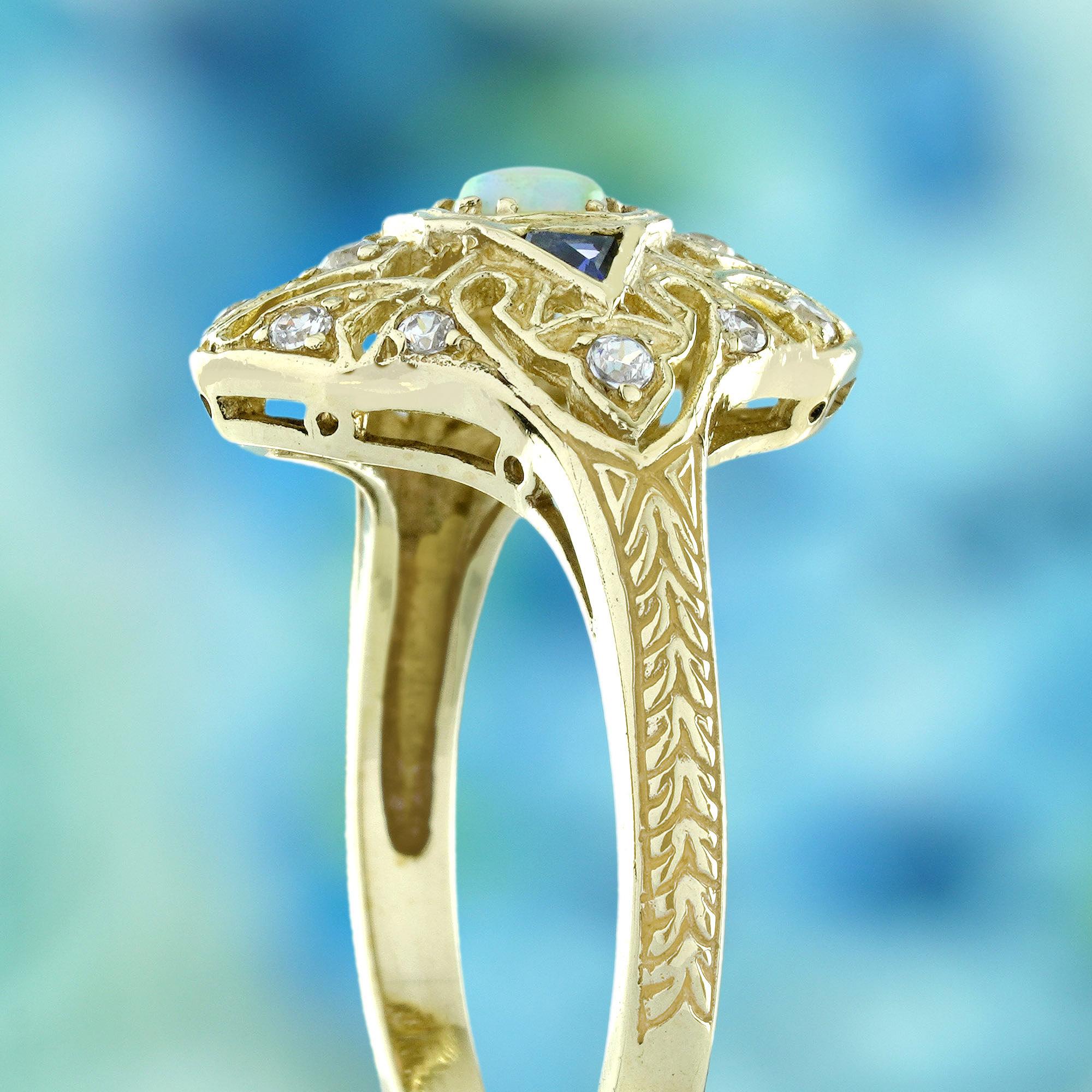 Donna Anello in oro giallo 14K in stile vintage con zaffiro blu opale naturale e diamanti in vendita