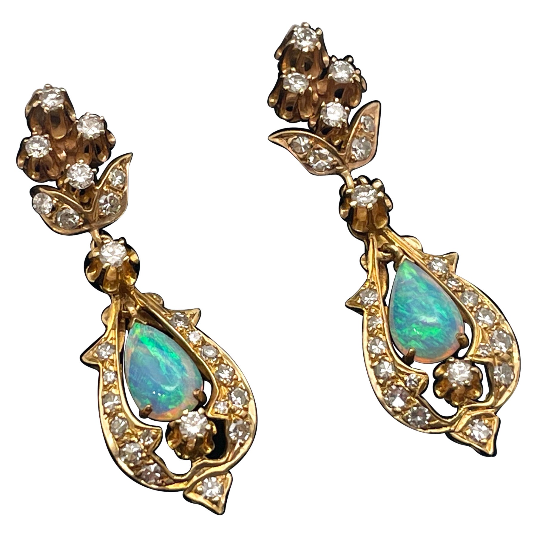 Pendientes Araña de Diamantes Ópalo Natural Oro Amarillo 14K