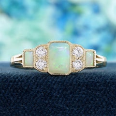 14K Yellow Gold Natural Opal Diamond Vintage Style Three Stone Ring
