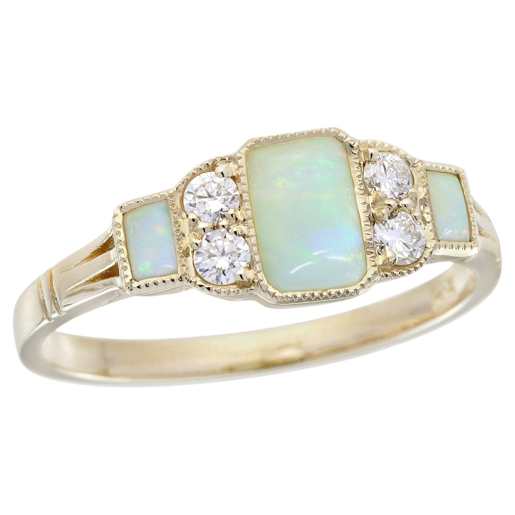 14K Yellow Gold Natural Opal Diamond Vintage Style Three Stone Ring