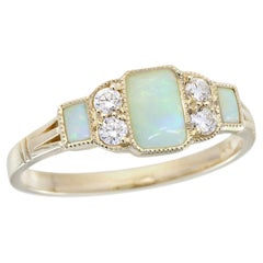 14K Yellow Gold Natural Opal Diamond Vintage Style Three Stone Ring