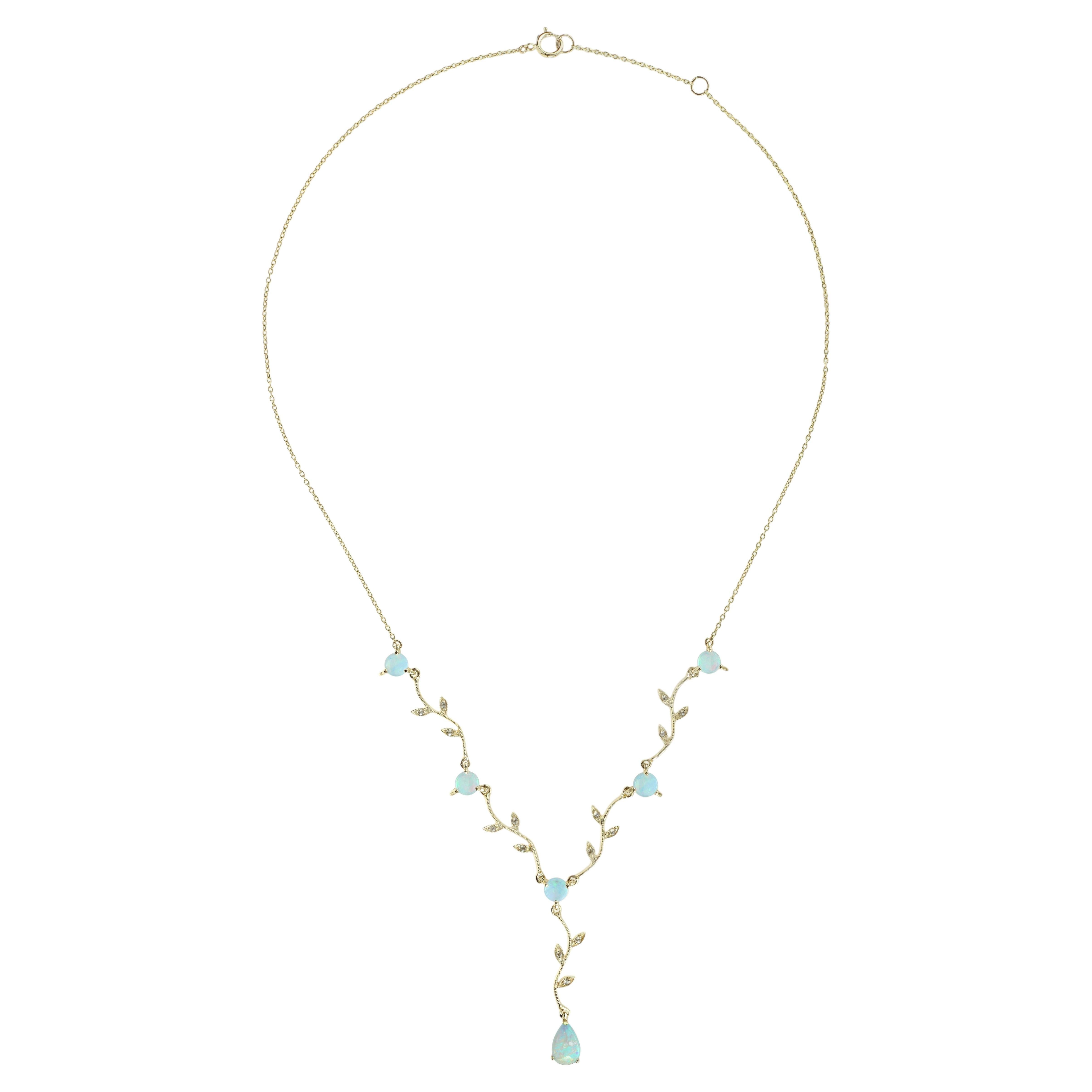 14K Yellow Gold Natural Opal Rose Cut Diamond Vintage Style Necklace