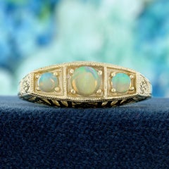 14K Yellow Gold Natural Opal Vintage Style Filigree Three Stone Ring