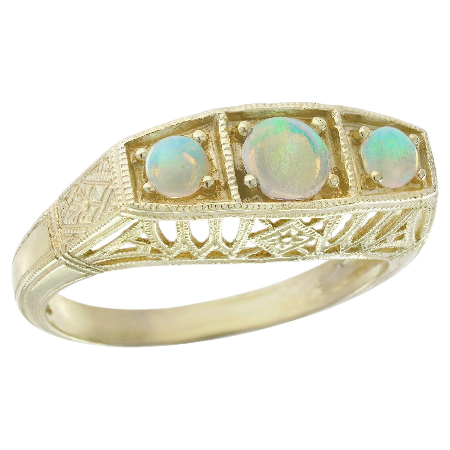 14K Yellow Gold Natural Opal Vintage Style Filigree Three Stone Ring