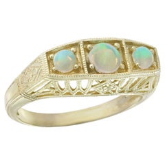 14K Yellow Gold Natural Opal Vintage Style Filigree Three Stone Ring