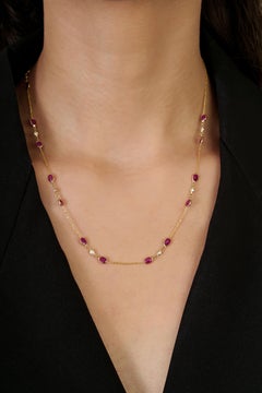 14k Yellow Gold Natural Oval Red Ruby and Diamond Station Chain Necklace 3.95Ct