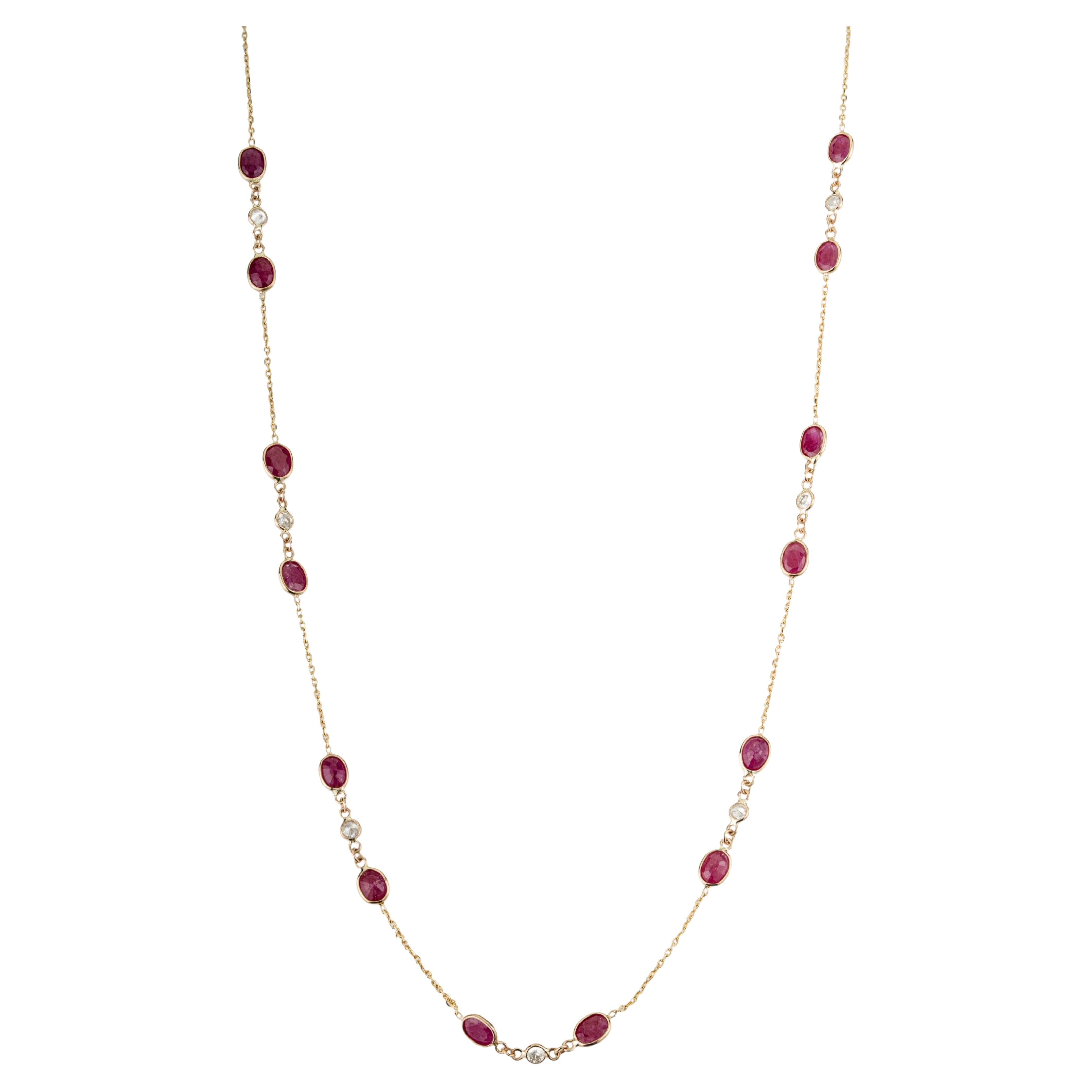 14k Yellow Gold Natural Oval Red Ruby and Diamond Station Chain Necklace 3.95Ct