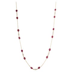 14k Yellow Gold Natural Oval Red Ruby and Diamond Station Chain Necklace 3.95Ct