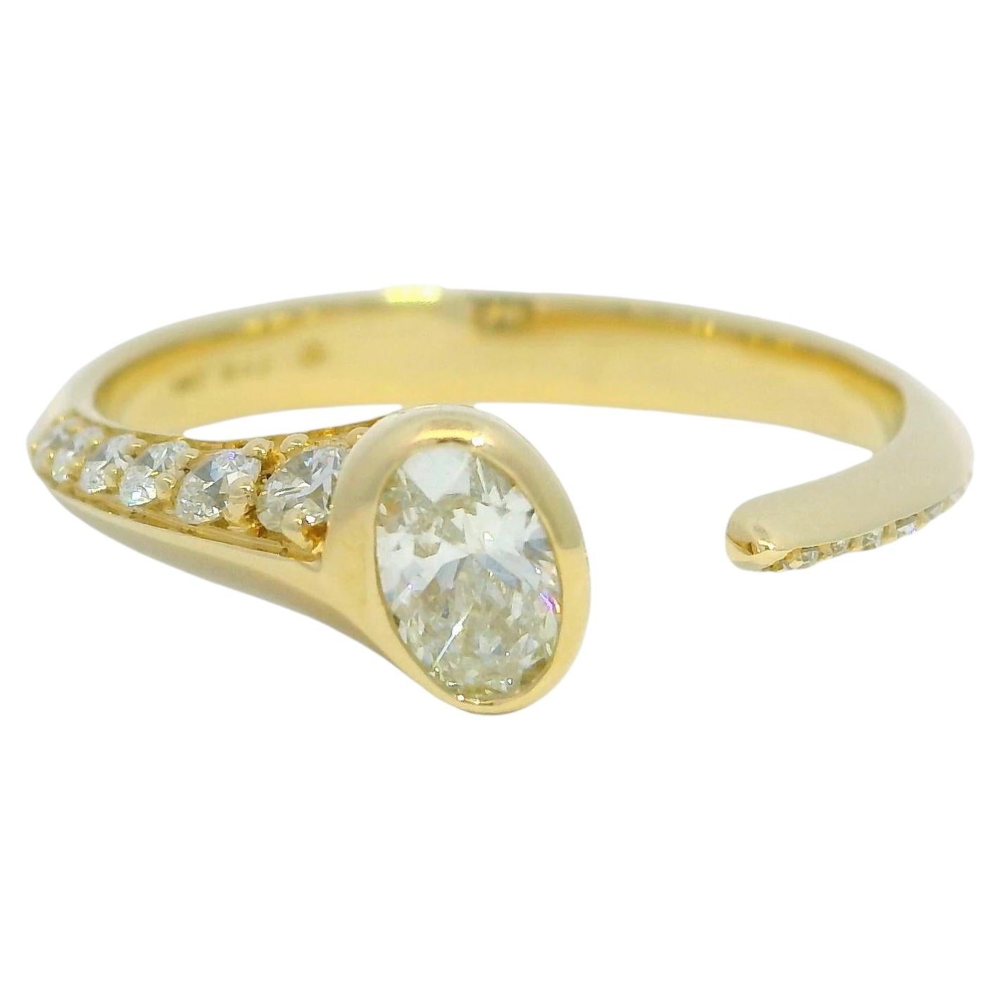 14K Yellow Gold Natural Oval Shape Diamond Bezel Set Open Ring In Stock