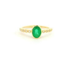 14K Yellow Gold Natural Oval Shape Emerald & Diamond Bezel Set Ring In Stock