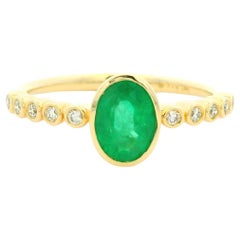 14K Yellow Gold Natural Oval Shape Emerald & Diamond Bezel Set Ring In Stock