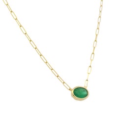 14K Yellow Gold Natural Oval Shaped Emerald Bezel Set Pendant Paperclip Necklace
