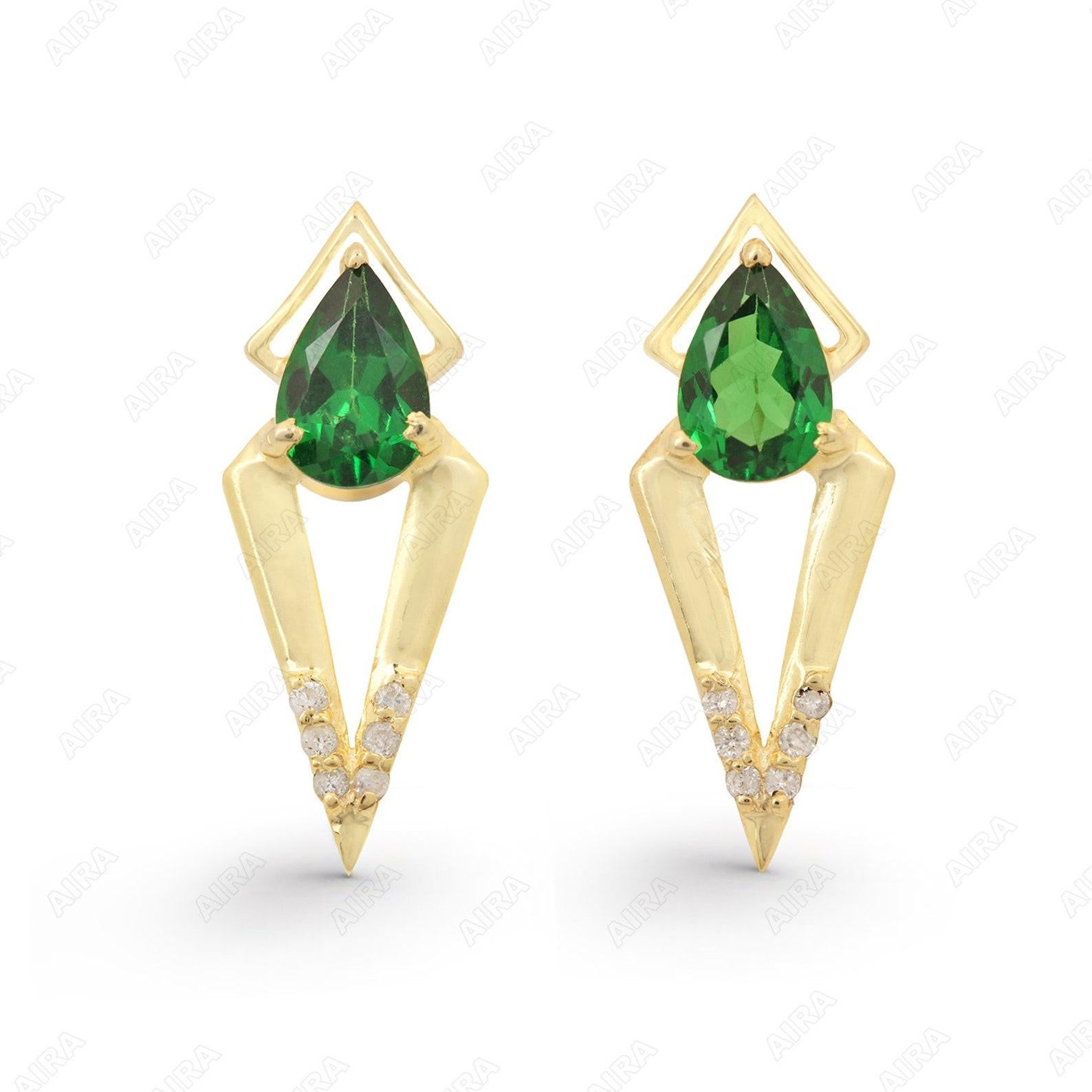 Art Deco 14k Yellow Gold Natural Pave Diamond And Tsavorite Delicate Earrings For Women. For Sale