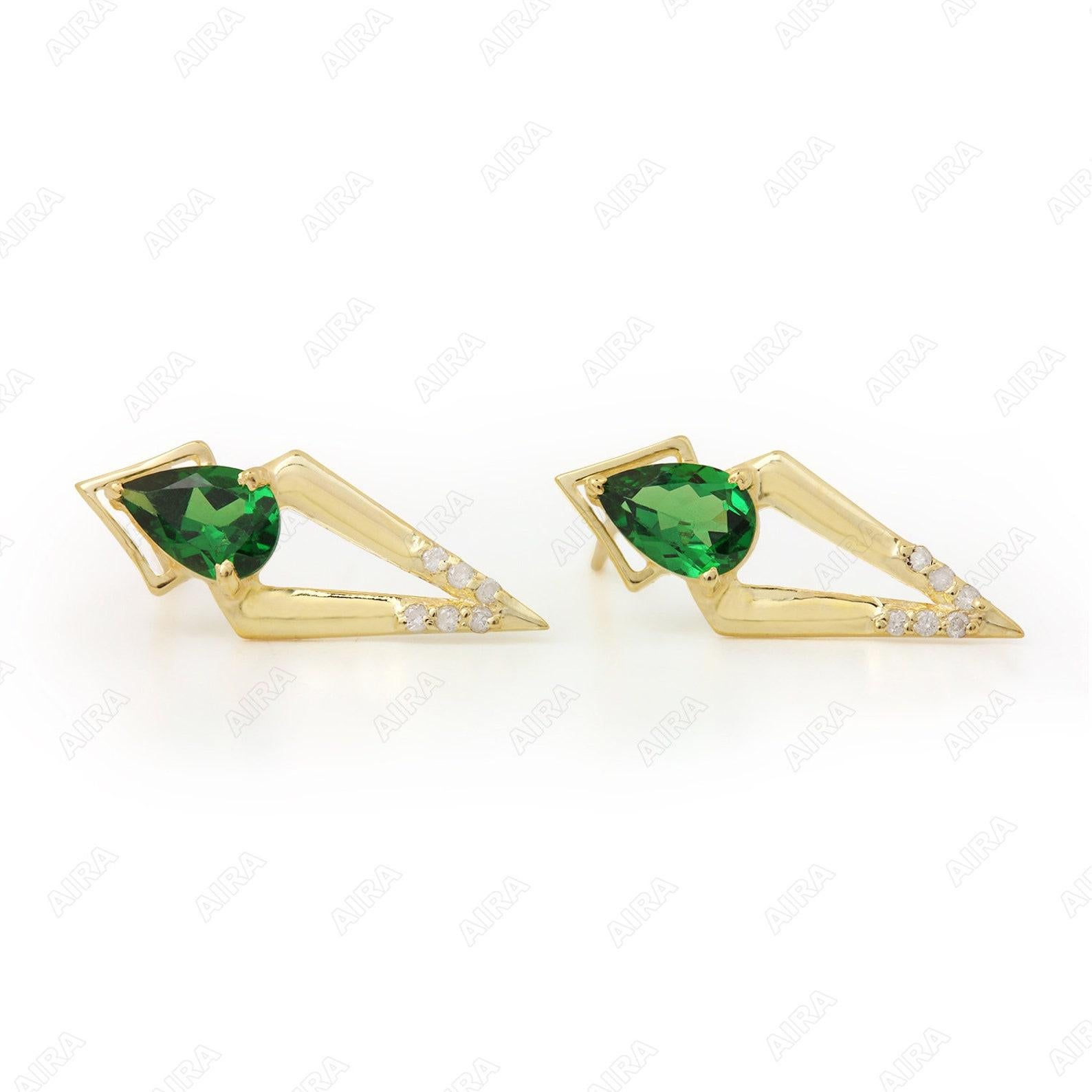 Women's or Men's 14k Yellow Gold Natural Pave Diamond And Tsavorite Delicate Earrings For Women. For Sale