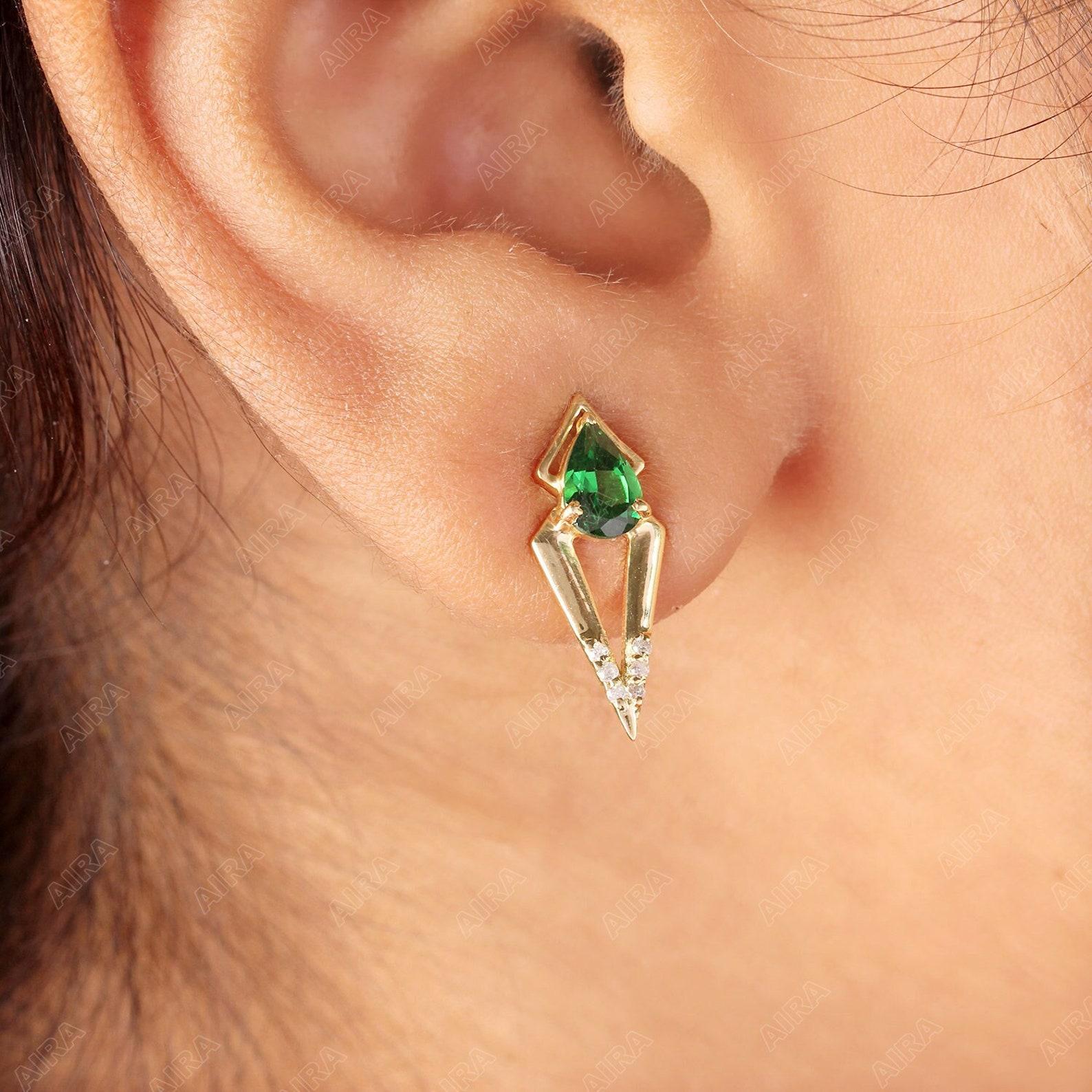 14k Yellow Gold Natural Pave Diamond And Tsavorite Delicate Earrings For Women. For Sale 3