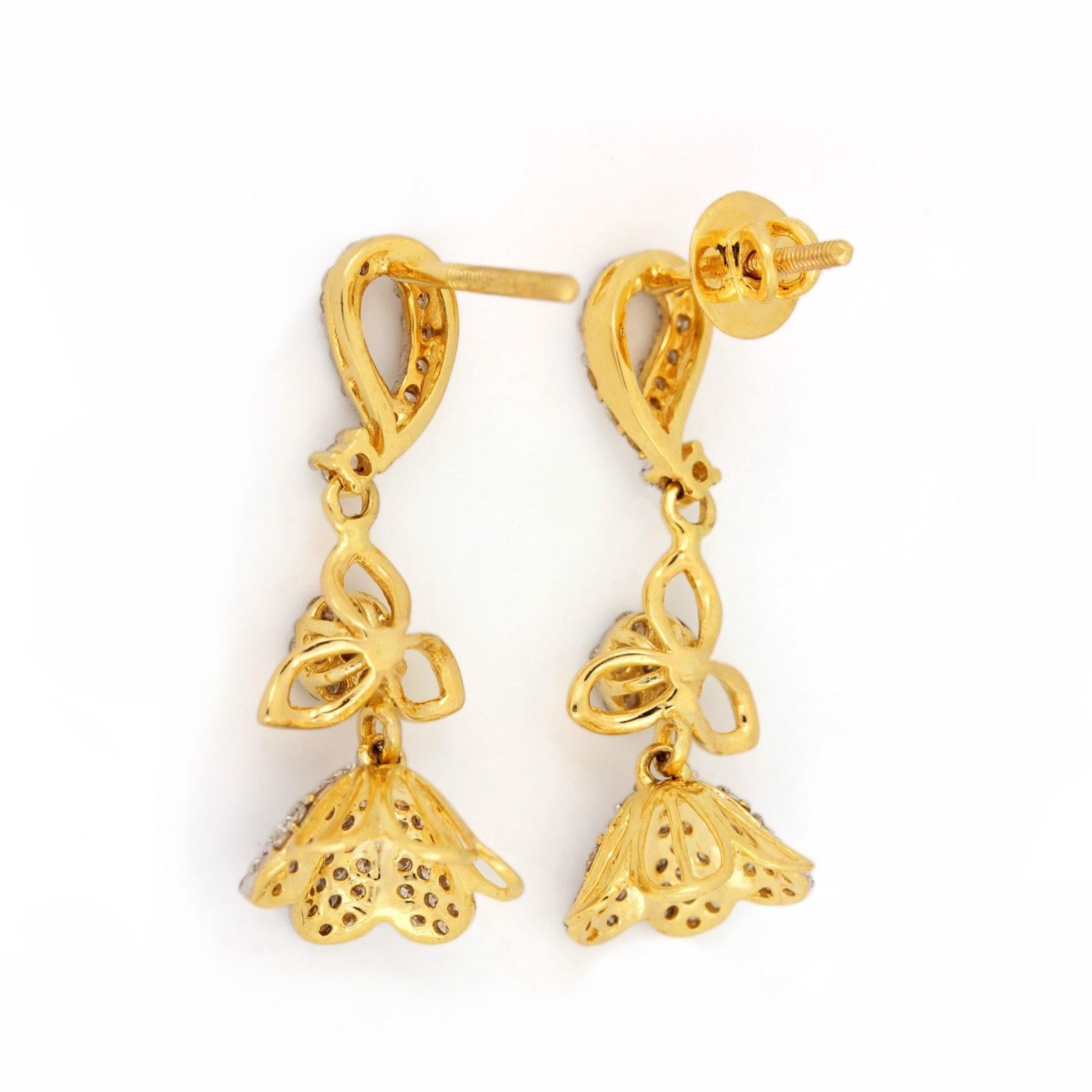 14k Gelbgold Natürliche Pave-Diamant-Ohrring-Tropfen- und Ohrhänger für Damen. (Art déco) im Angebot