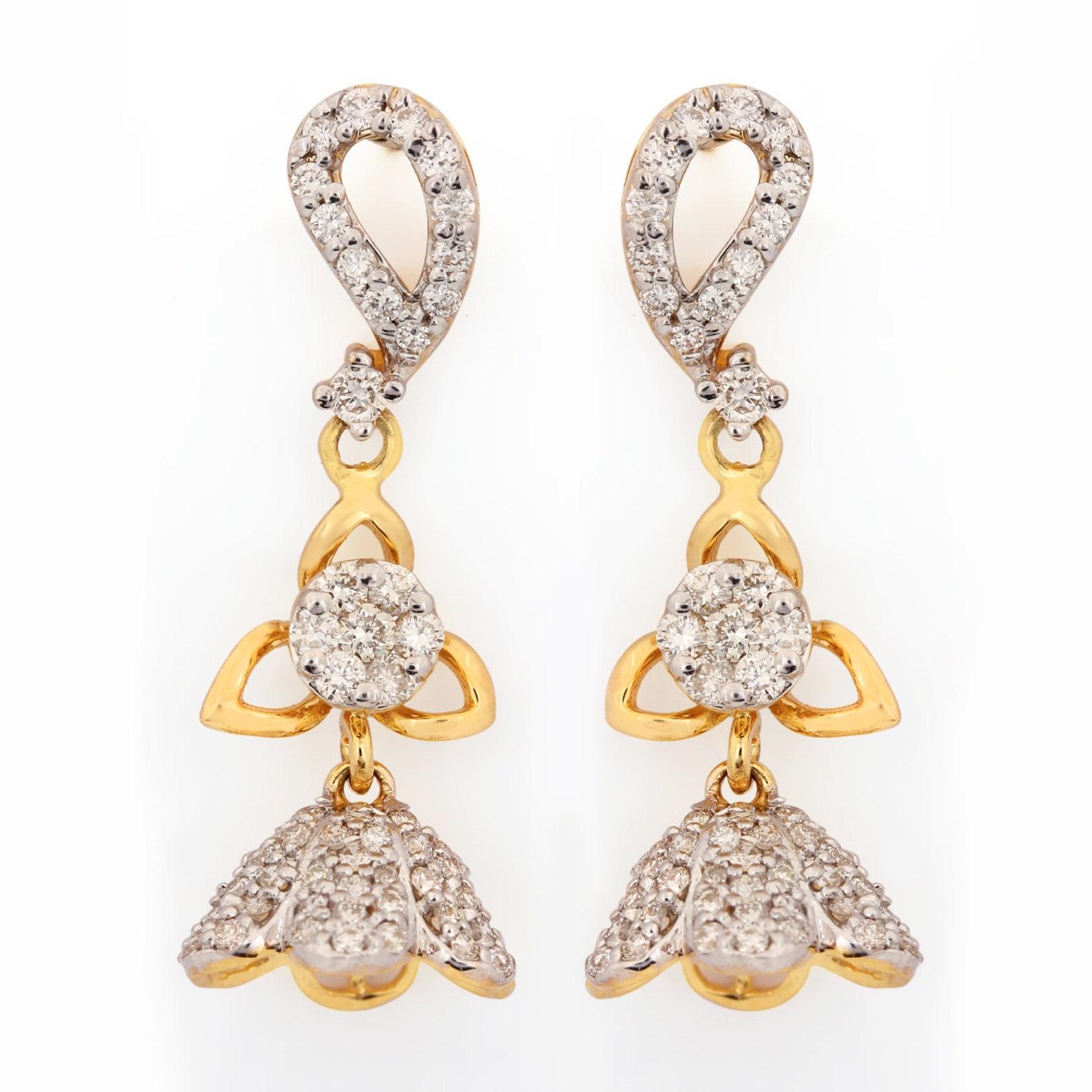 14k Gelbgold Natürliche Pave-Diamant-Ohrring-Tropfen- und Ohrhänger für Damen. (Rundschliff) im Angebot