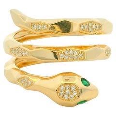 14k Yellow Gold Natural Pave Diamond & Emerald Eye Wrap Snake Ring In Stock