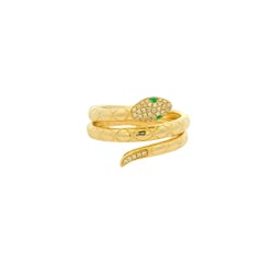 14k Yellow Gold Natural Pave Diamond Head & Emerald Eye Wrap Snake Ring In Stock