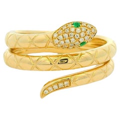 14k Yellow Gold Natural Pave Diamond Head & Emerald Eye Wrap Snake Ring In Stock
