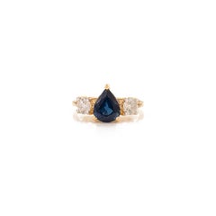 14K Yellow Gold Natural Pear Cut Blue Sapphire & Diamond Three Stone Ring 1.7 CT