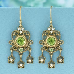 14K Yellow Gold Natural Peridot and Pearl Floral Drop Earrings, 2.72ct